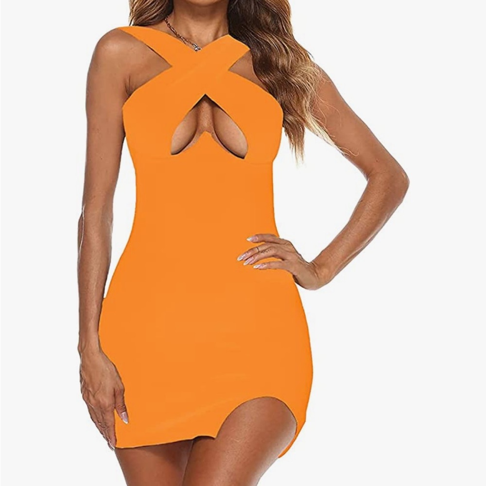 LYANER Cut Out Halter Wrap Bodycon Party Sleeveless Tank Mini Dress Orange